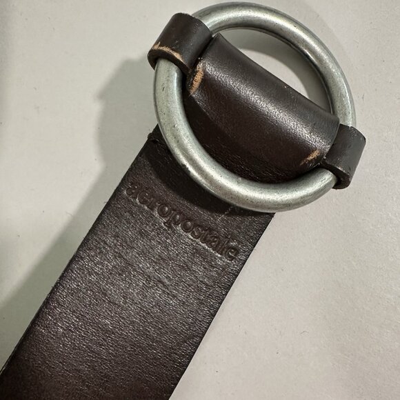 AEROPOSTALE Stitched Brown Leather Belt - Silver Ring Buckle - Size L - 43" Long - Picture 2 of 5